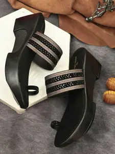 pelle albero Women Black & Gold-Toned Embellished Wedge Heels