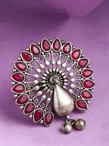 SOHI Silver-Plated Stone-Studded Peacock Finger Ring