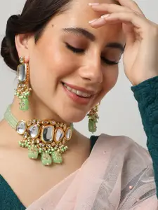 SOHI Women Gold-Plated Green Kundan Stone-Studded & Beaded Choker Necklace Set