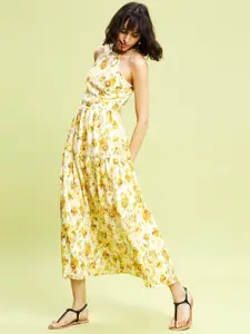 DOROTHY PERKINS Yellow & White Floral Halter Neck Styled Back A-Line Midi Dress