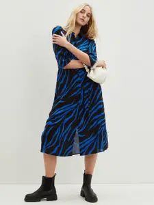 DOROTHY PERKINS Black & Navy Blue Animal Shirt Midi Dress