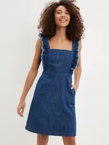 DOROTHY PERKINS Blue Pure Cotton Ruffle A-Line Denim Dress