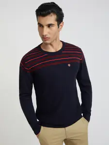 Raymond Men Blue & Orange Striped Pullover