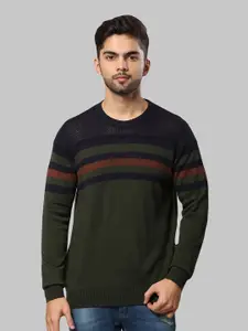 Raymond Men Green & Navy Blue Striped Pullover Sweater
