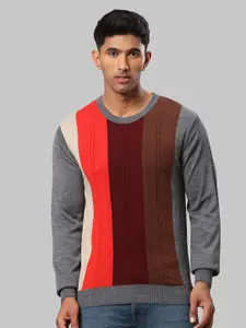 Raymond Men Grey & Orange Striped Pullover Sweater
