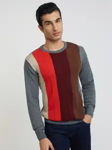 Raymond Men Grey & Orange Striped Pullover Sweater