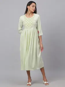 KALINI Women Green & Gold-Toned Yoke Design Thread Work Kurta