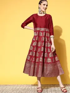 Shae by SASSAFRAS Maroon Ethnic Printed Flared A-Line Dress