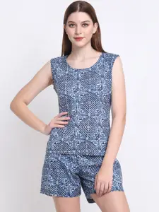 KALINI Women Blue & White Pure Cotton Printed Night suit