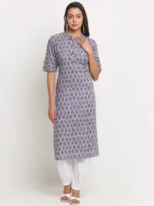 KALINI Cotton Floral Printed Roll Up Sleeves Pure Cotton Kurta