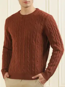 HACKETT LONDON Round Neck Cable Knit Self Design Wool Pullover