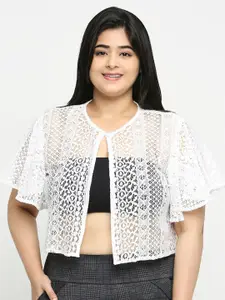 Style Quotient Women Off White Self Design  Lace Open Front Smart Casual Shrug