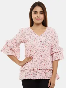 V-Mart Pink Pure Cotton Floral Print Tiered Top