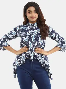 V-Mart Blue Floral Print Mandarin Collar Chiffon Shirt Style Top