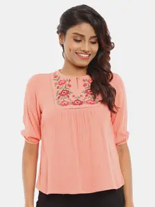 V-Mart Coral Floral Embroidered Keyhole Neck Chiffon Top