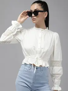 The Roadster Life Co. Solid With Lace Detail Pure Cotton Crop Casual Shirt