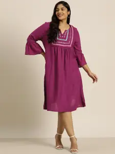 Sztori Plus Size Embroidered Yoke Design Bell Sleeves A-Line Dress