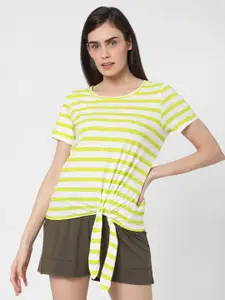 Vero Moda Women Yellow Striped Cotton T-shirt