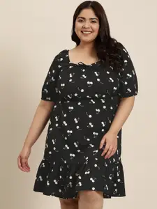 Sztori Plus Size Women Print Puff Sleeve A-Line Midi Dress