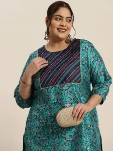 Sztori Women Green & Navy Blue Ethnic Motifs Printed Gotta Patti Kurta