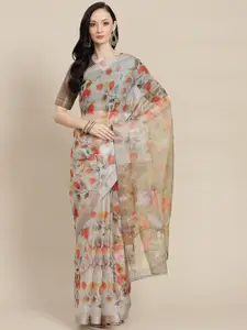 SHOPGARB Grey & Red Floral Silk Cotton Saree