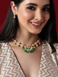 Rubans 22K Gold-Plated Ruby Pink Emerald Green & White Stone Traditional Necklace Set