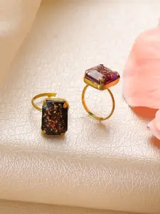 Jazz and Sizzle Set Of 2 Gold-Plated & Black Stone Studded Finger Ring