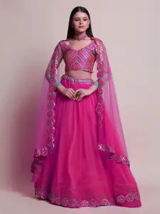 Atsevam Pink & Blue Embroidered Mirror Work Semi-Stitched Lehenga & Unstitched Blouse With Dupatta