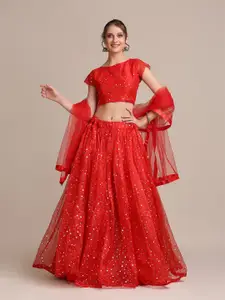 Atsevam Red Embellished Sequinned Tie and Dye Semi-Stitched Lehenga & Unstitched Blouse With Dupatta