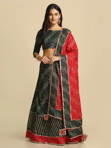 Atsevam Women Green & Red Printed Semi-Stitched Lehenga & Unstitched Blouse With Dupatta