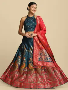 Atsevam Women Teal & Red  Semi-Stitched Lehenga & Unstitched Blouse With Dupatta