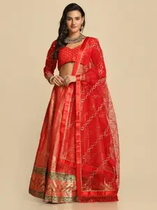 Atsevam Red & Gold-Toned Semi-Stitched Lehenga & Unstitched Blouse With Dupatta