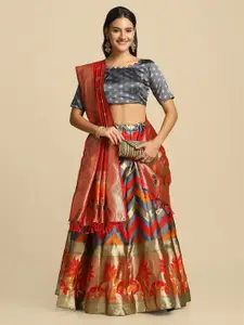 Atsevam Grey & Red Tie and Dye Semi-Stitched Lehenga & Unstitched Blouse With Dupatta