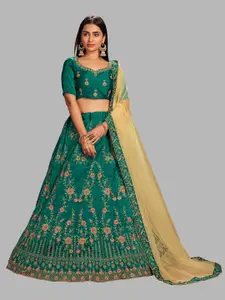 Atsevam Green & Beige Embroidered Semi-Stitched Lehenga & Unstitched Blouse With Dupatta