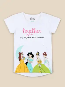 Kids Ville Girls White Disney Princess Printed Pure Cotton T-shirt