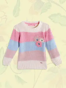 Wingsfield Girls White & Pink Striped Pullover with Applique Detail
