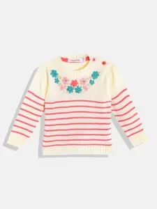 Wingsfield Girls Pink & Cream-Coloured Striped Pullover with Embroidered Detail