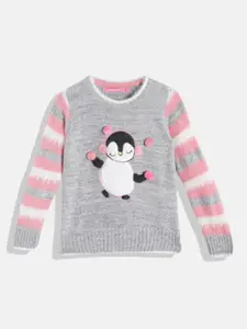 Wingsfield Girls Grey Melange & White Printed Pullover with Applique Detail