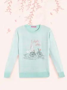 Wingsfield Girls Sea Green Typography Printed Pullover