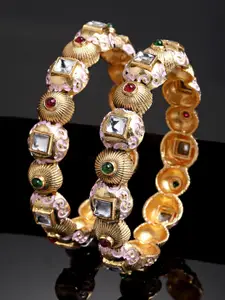 KARATCART Set Of 2 Gold-Plated Pink Stone-Studded Bangle