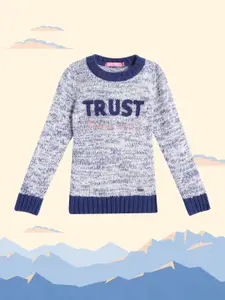 Wingsfield Girls Navy Blue Typography Pullover with Applique Detail