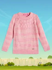 Wingsfield Girls Peach-Coloured & Pink Floral Pullover with Embroidered Detail