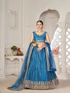 Atsevam Turquoise Blue Embroidered Thread Work Tie and Dye Semi-Stitched Lehenga & Unstitched Blouse With
