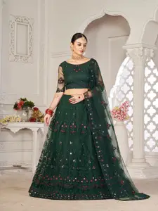 Atsevam Green & Red Embroidered Thread Work Tie and Dye Semi-Stitched Lehenga & Unstitched Blouse With