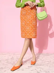 KASSUALLY Bright Orange Geometric Resort Wear Skirt