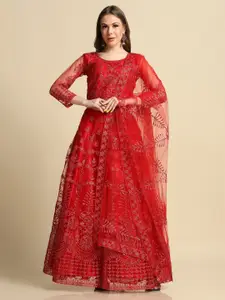 Atsevam Red & White Embroidered Thread Work Tie and Dye Semi-Stitched Lehenga & Unstitched Blouse With