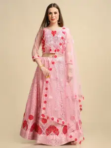 Atsevam Pink & Red Embroidered Thread Work Semi-Stitched Lehenga & Unstitched Blouse With Dupatta
