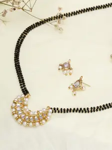 KARATCART White & Black Gold-Plated Pearl & Kundan Studded Mangalsutra With Earrings