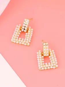 Yellow Chimes Gold Plated & White Pearl Studded Geometrical Shape Drop Earrings