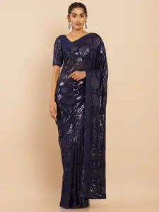 Soch Navy Blue Embellished Sequinned Pure Georgette Saree